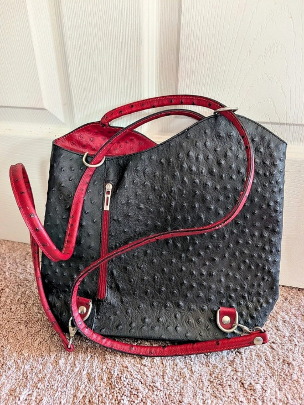 Genuine Leather Ostrich-Texture Tote in Black & Red